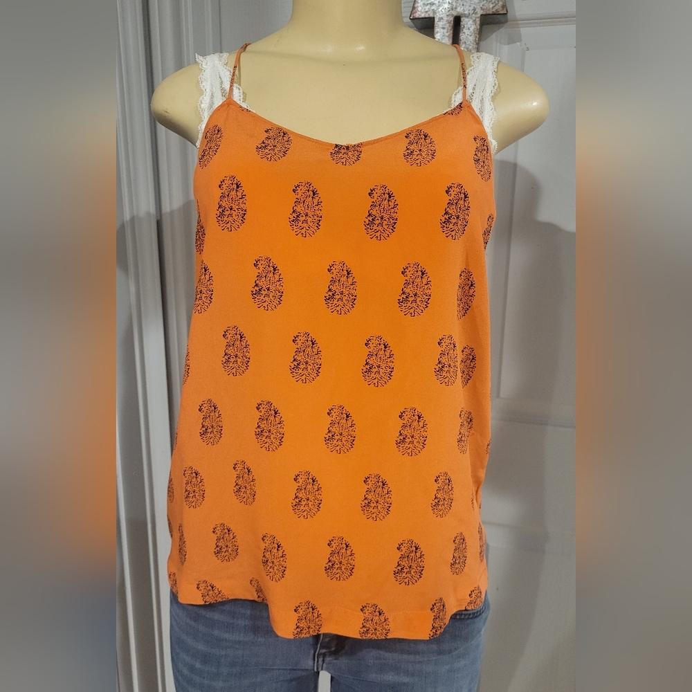 Made well-1937- J. Crew 100% silk orange with paisley blue pattern blouse NWOT